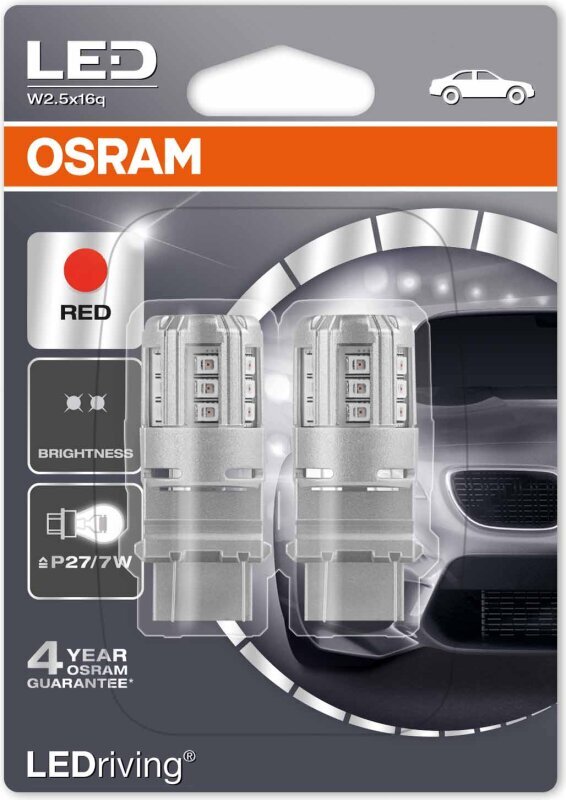 Osram LED raudonos lemputės, P27/7W 12V 3W W2.5x16q, 3547R-02B kaina ir informacija | Automobilių lemputės | pigu.lt