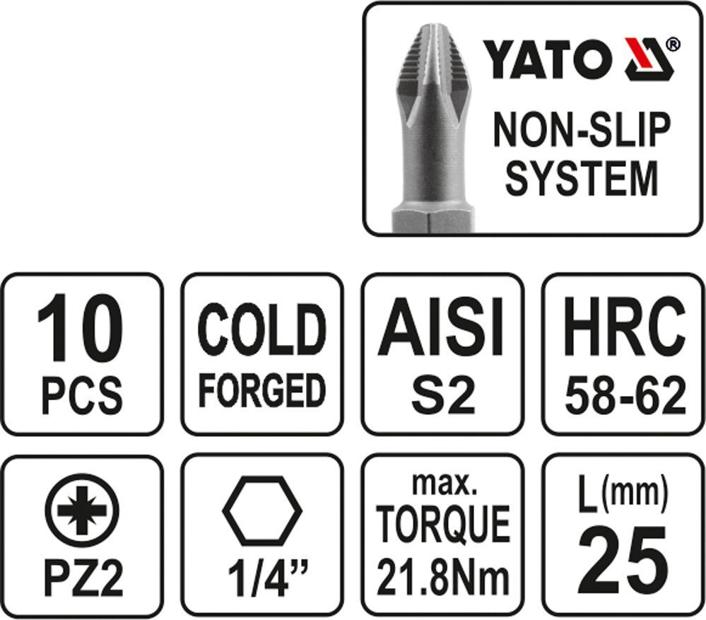 Antgalių rinkinys Yato PZ2x25mm 1/4", 10vnt. kaina ir informacija | Mechaniniai įrankiai | pigu.lt