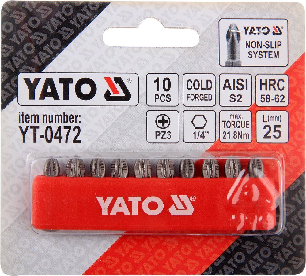 Antgalių rinkinys Yato PZ3x25mm 1/4", 10vnt. kaina ir informacija | Mechaniniai įrankiai | pigu.lt