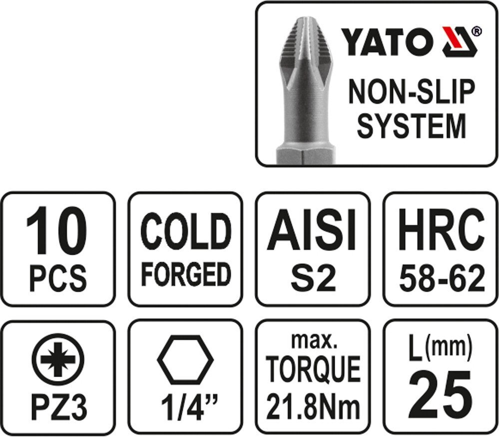 Antgalių rinkinys Yato PZ3x25mm 1/4", 10vnt. цена и информация | Mechaniniai įrankiai | pigu.lt