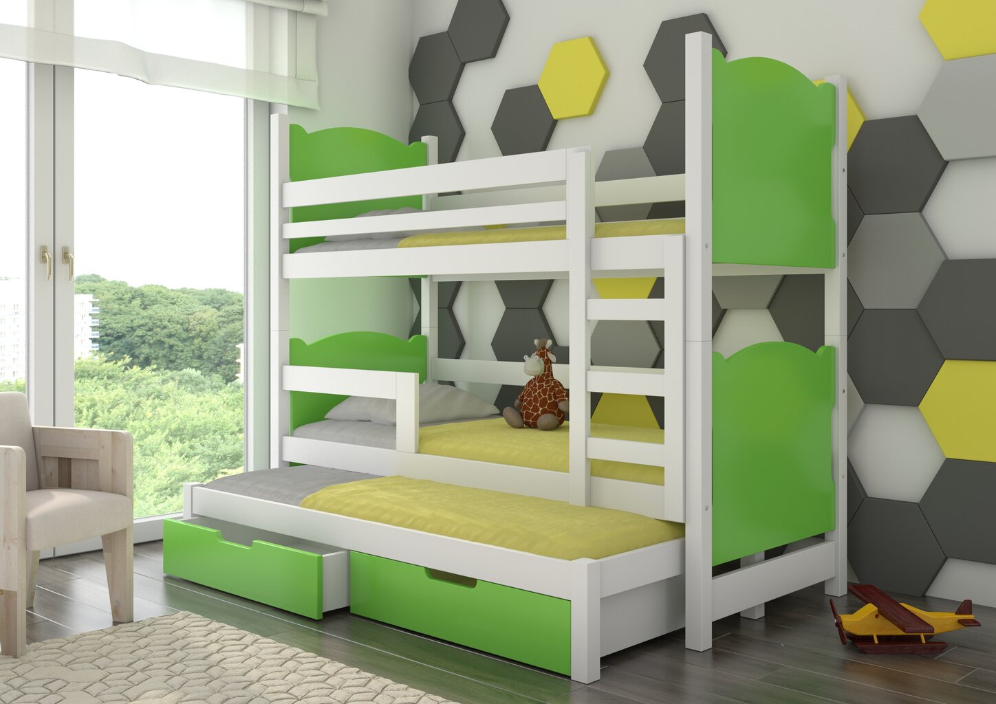 Dviaukštė lova Leticia, 180x75 cm/172x75 cm, žalia/balta kaina ir informacija | Vaikiškos lovos | pigu.lt