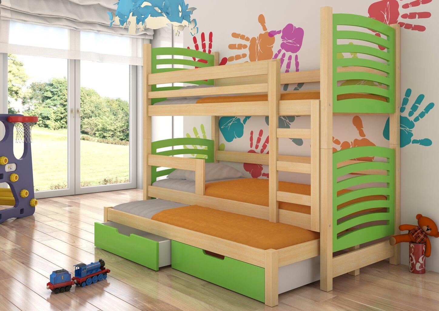 Dviaukštė lova Soria, 180x75 cm/172x75 cm, žalia/ruda kaina ir informacija | Vaikiškos lovos | pigu.lt