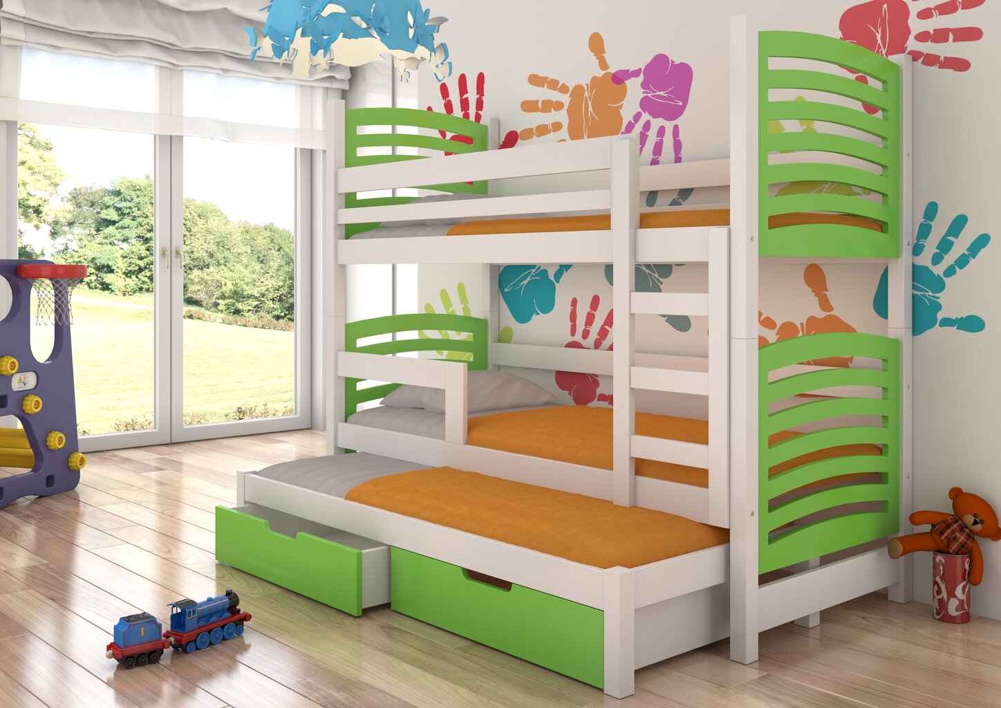 Dviaukštė lova Soria, 180x75 cm/172x75 cm, žalia/balta kaina ir informacija | Vaikiškos lovos | pigu.lt