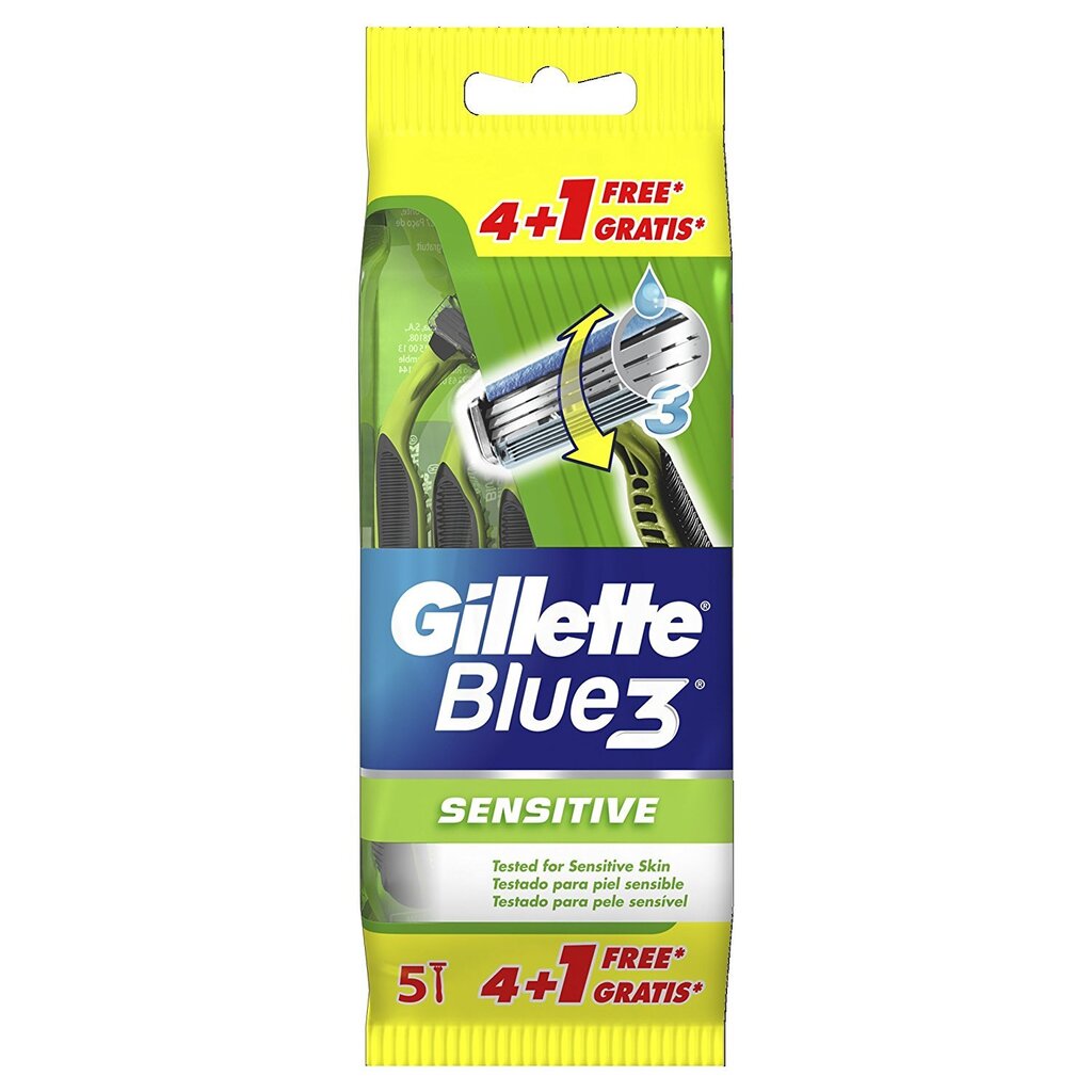 Vienkartiniai skustuvai vyrams Gillette Blue 3 Sensitive 5 vnt kaina ir informacija | Skutimosi priemonės ir kosmetika | pigu.lt