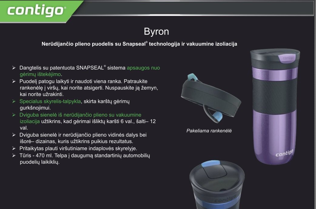 Termosinis puodelis Contigo Byron, 470 ml Gunmetal kaina ir informacija | Termosai, termopuodeliai | pigu.lt