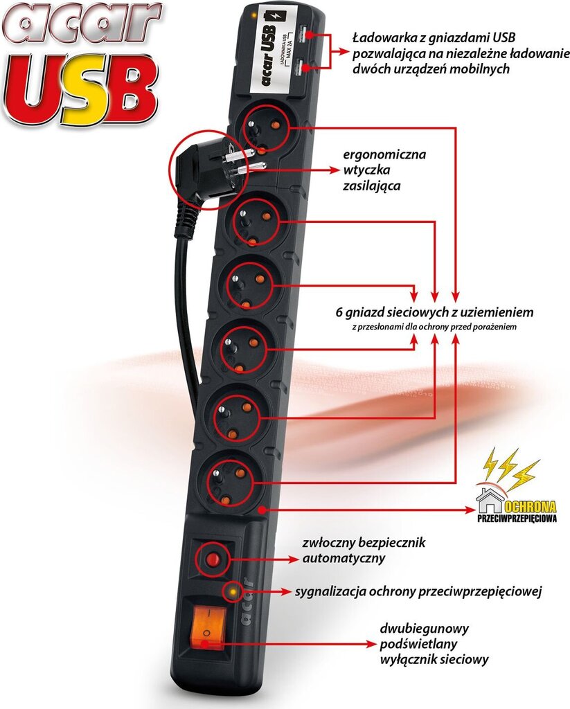 Ilgiklio lizdas Acar USB 6 kaina ir informacija | Prailgintuvai | pigu.lt