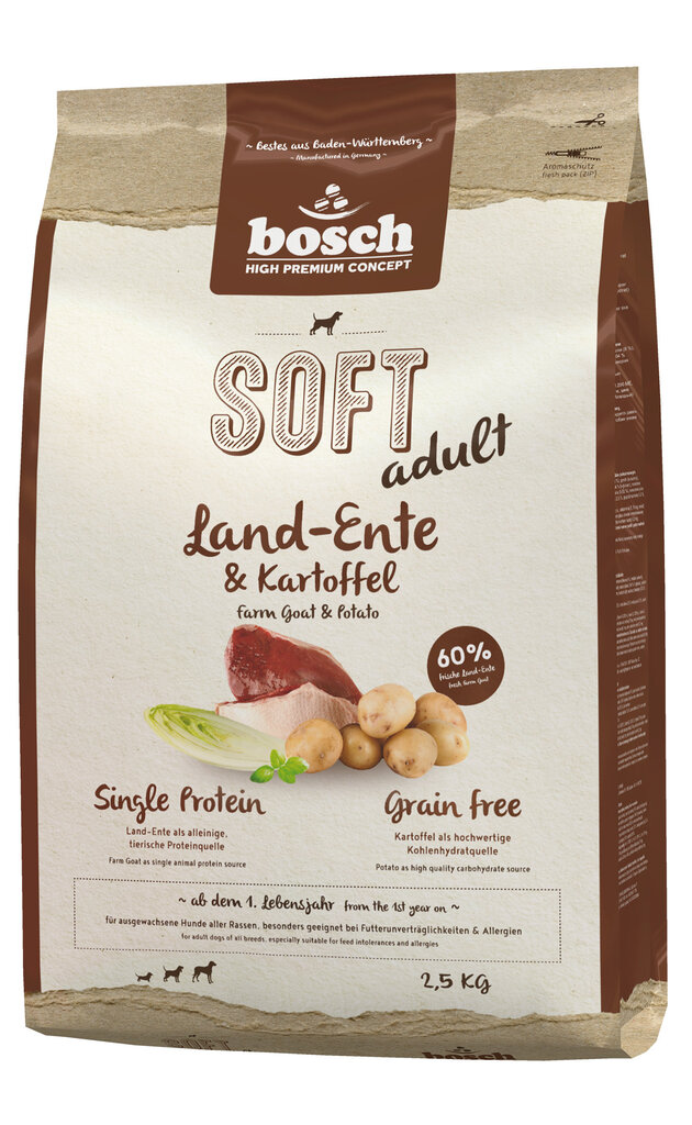 Bosch Petfood Plus HPC Soft+ Farm Duck begrūdis (vieno baltymo) 2,5kg kaina ir informacija | Sausas maistas šunims | pigu.lt