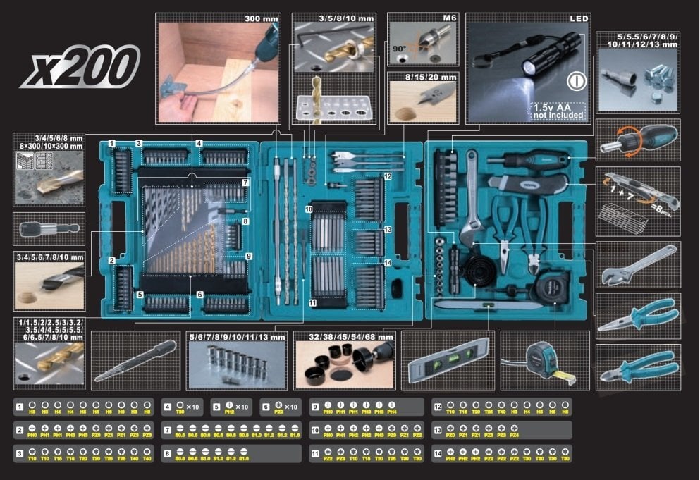 Įvairių įrankių komplektas Makita D-37194, 200vnt. цена и информация | Mechaniniai įrankiai | pigu.lt