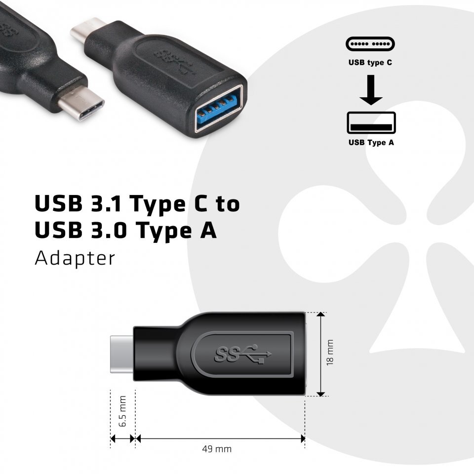 Club 3D USB 3.1 type C to USB 3.0 type A adapter kaina ir informacija | Adapteriai, USB šakotuvai | pigu.lt