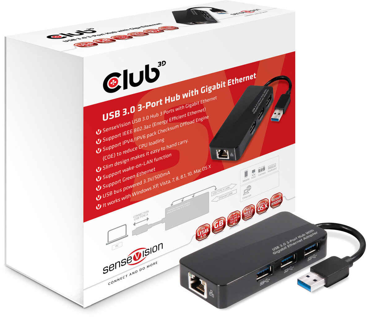 Club 3D USB 3.0 3-port hub with gigabit ethernet kaina ir informacija | Adapteriai, USB šakotuvai | pigu.lt