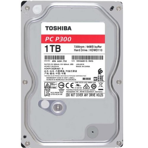 Toshiba HDD P300 BULK 3.5 1TB SATA 7200RPM 64MB kaina ir informacija | Vidiniai kietieji diskai (HDD, SSD, Hybrid) | pigu.lt