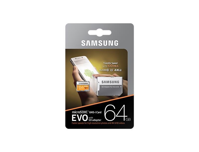 Samsung EVO microSDXC 64GB UHS-I U3 (60MB/s/100MB/s) kaina ir informacija | Atminties kortelės telefonams | pigu.lt