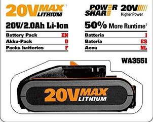 Akumuliatorius "Worx WA3551.1" 20V Li/2.0 Ah kaina ir informacija | Worx Sodo prekės | pigu.lt