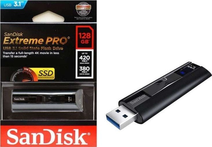 USB laikmena Atmintinė SanDisk Extreme PRO Solid State Flash Drive, 128GB,  USB 3.1 kaina | pigu.lt