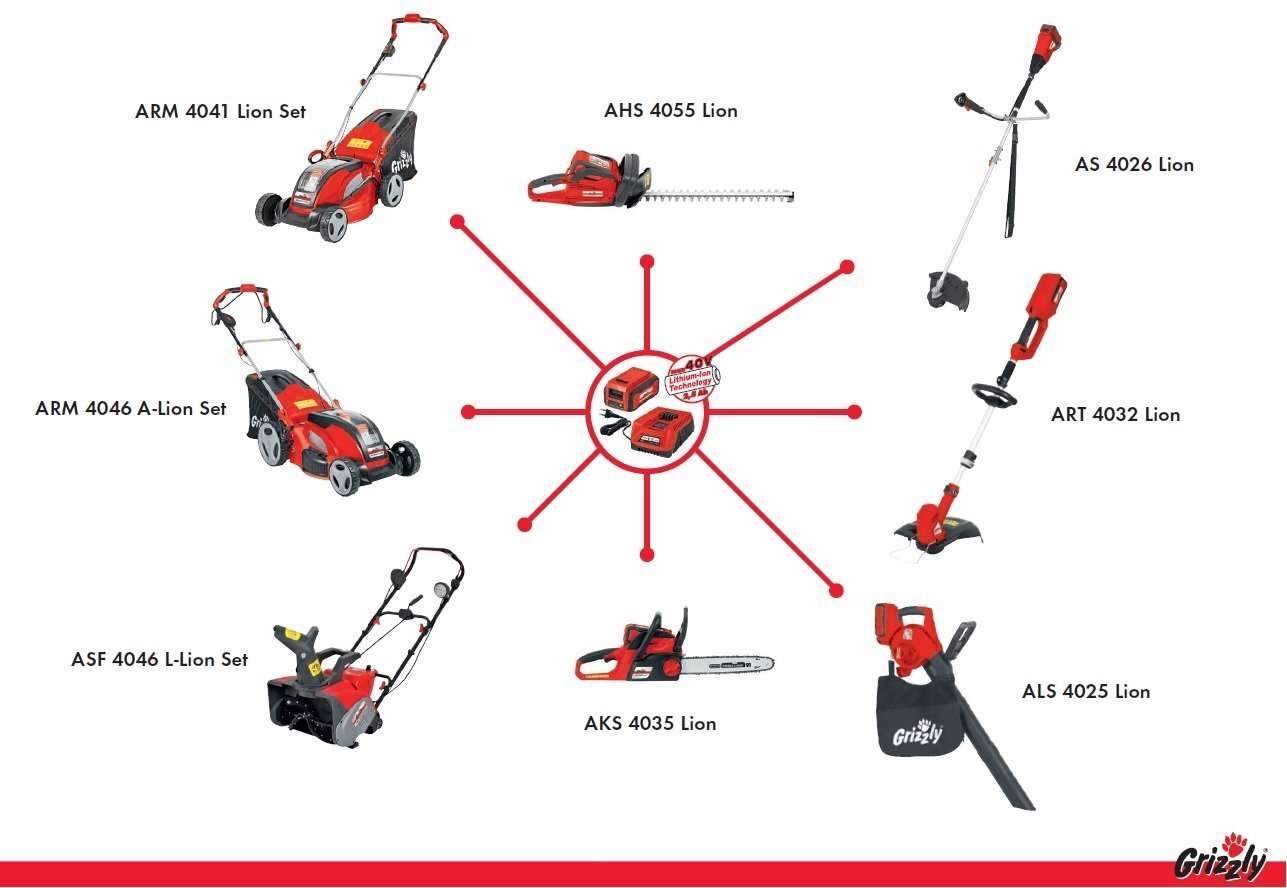 Akumuliatorinis grandininis pjūklas 40 V Grizzly AKS 4035 Lion SET kaina ir informacija | Grandininiai pjūklai | pigu.lt