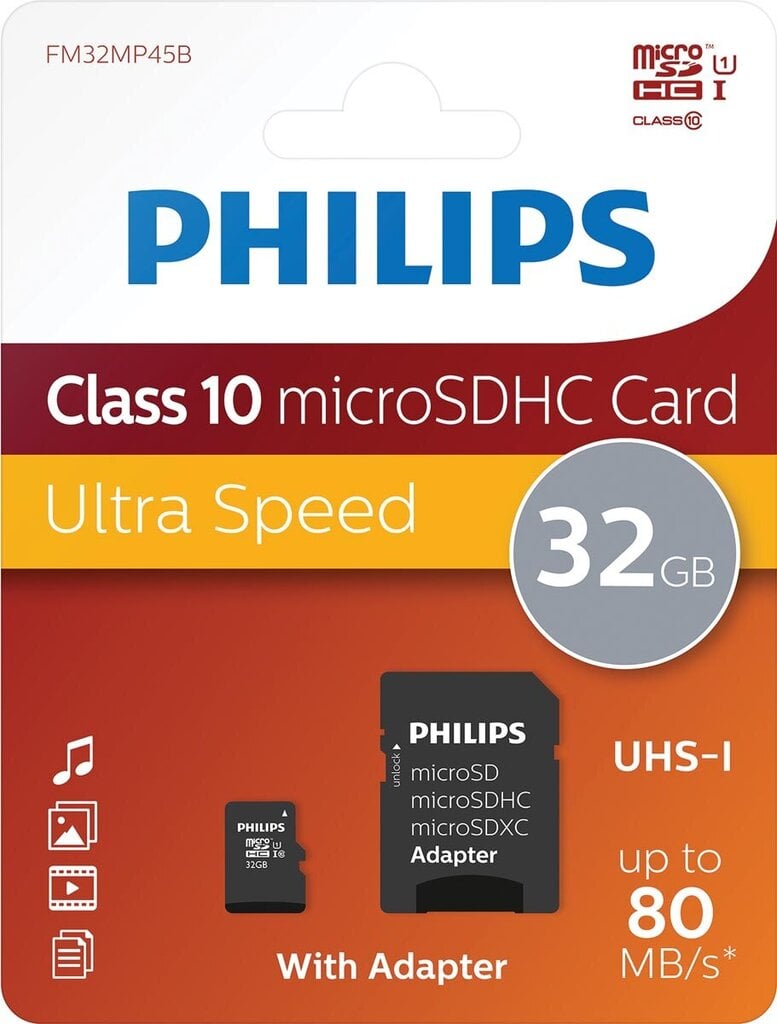 Philips FM32MP45B/10 micro SD 32GB(+ SD adapteris) цена и информация | Atminties kortelės fotoaparatams, kameroms | pigu.lt