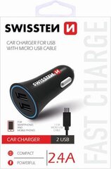 Swissten Премиум Автомобильная зарядка 12 / 24V / 1A+ 2.1A + кабель Micro USB  150 cm Черная цена и информация | Зарядные устройства для телефонов | pigu.lt