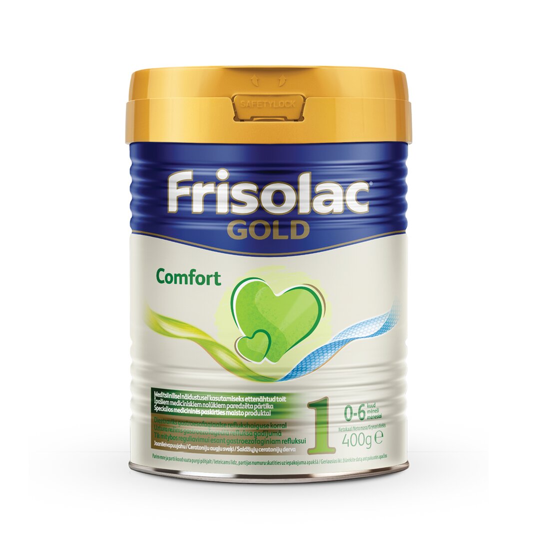 Mitybinė gastroezofaginio refliukso, kietų išmatų, reto tuštinimosi ir  dieglių korekcija |Nuo 0 iki 6 mėn.| Frisolac® Gold Comfort 1, 400 g kaina  | pigu.lt