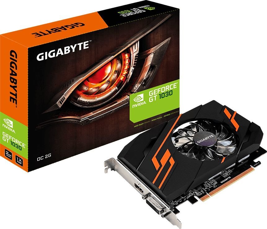 Gigabyte GT 1030 OC 2GB GDDR5 (64 bit), DVI-D, HDMI, BOX (GV-N1030OC-2GI) kaina ir informacija | Vaizdo plokštės (GPU) | pigu.lt