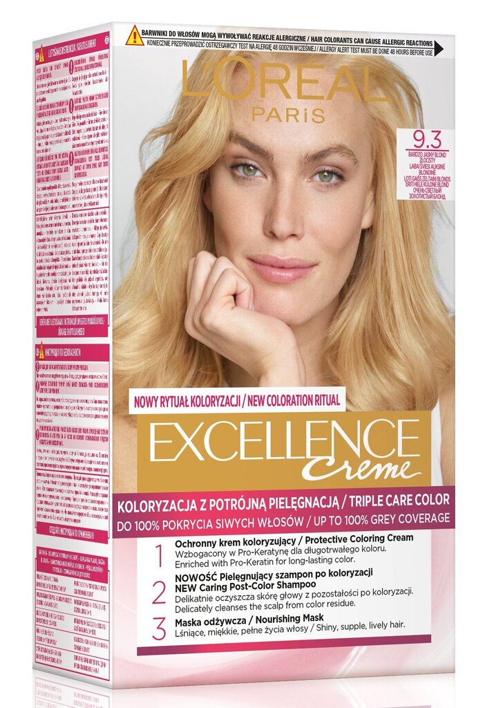 Ilgalaikiai plaukų dažai su trejopa apsauga L'Oreal Paris Excellence Creme 172 ml, Extra Bright Golden Blonde цена и информация | Plaukų dažai | pigu.lt