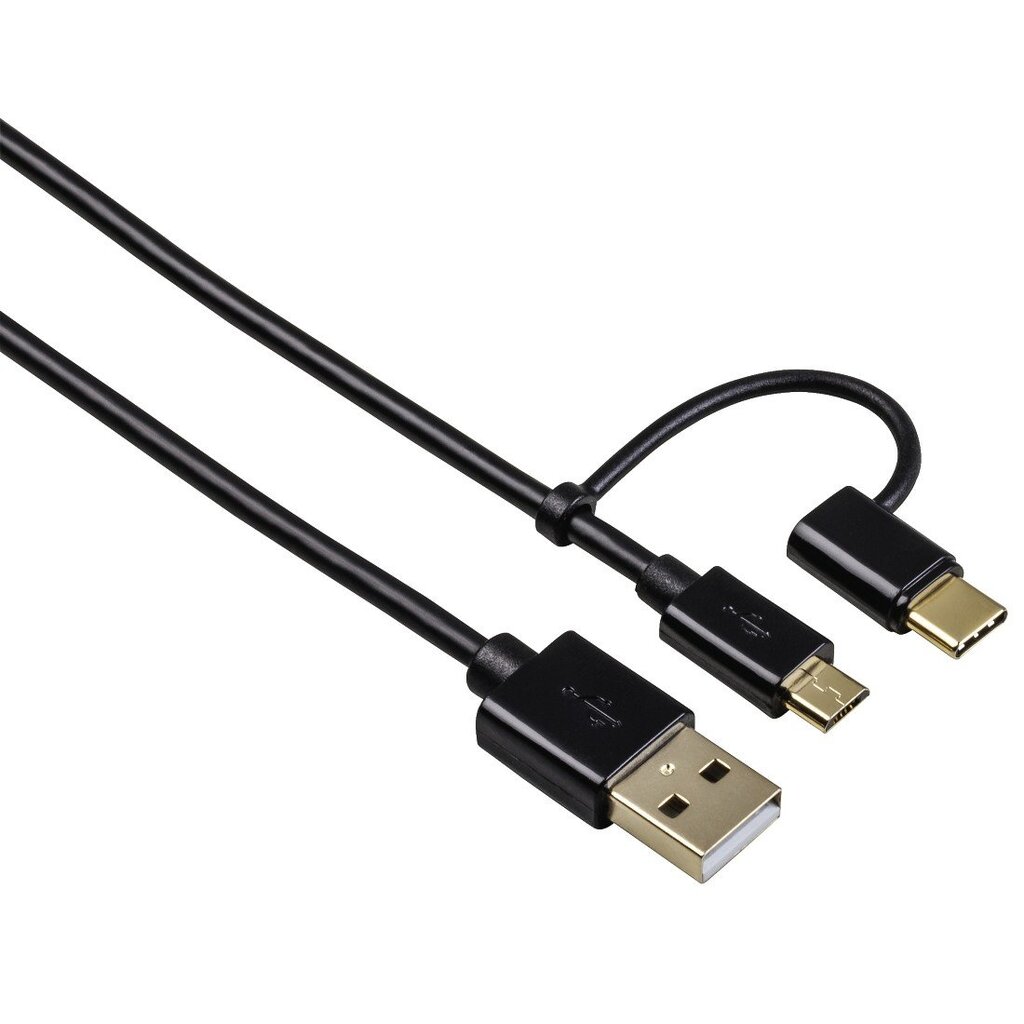 Hama 2in1 su USB-C adapteriu, auksu dengti kontaktai, ekranuotas, 1 m, juodas цена и информация | Kabeliai ir laidai | pigu.lt