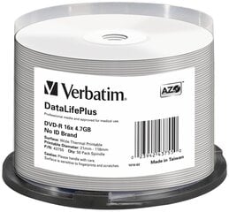 1x50 Verbatim DVD-R 4,7GB 16x 1x50 Verbatim DVD-R 4,7GB 16x baltas platus NON-ID kaina ir informacija | Vinilinės plokštelės, CD, DVD | pigu.lt