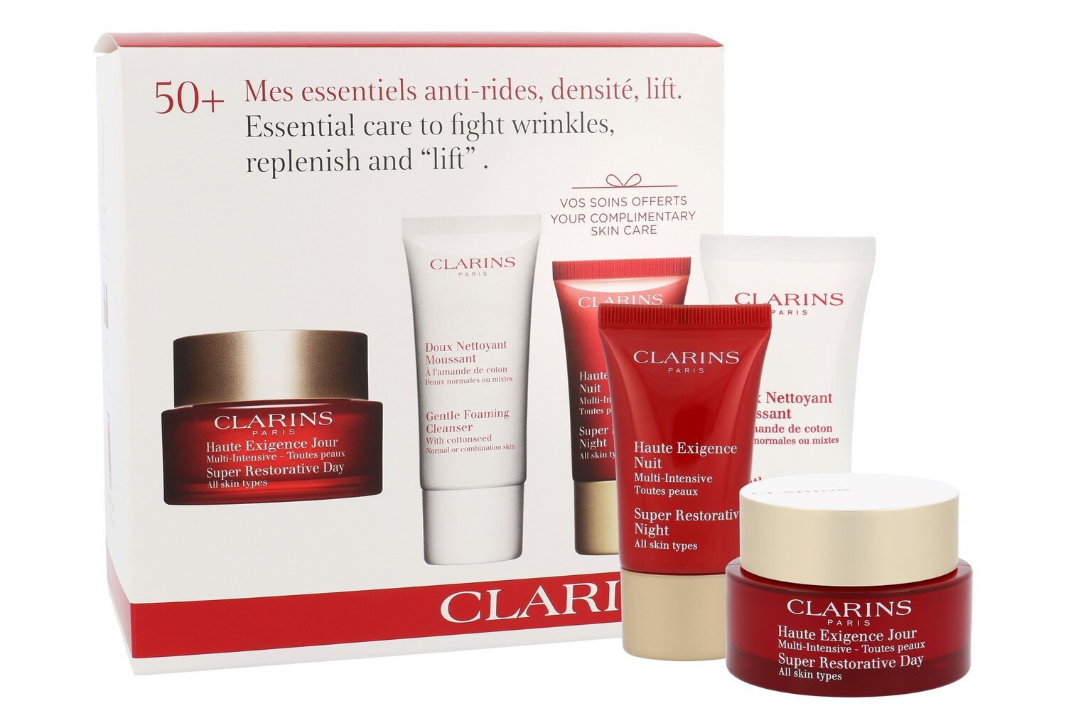 Veido priežiūros rinkinys Clarins Super Restorative: dieninis kremas 50 ml + naktinis kremas 15 ml + valomosios putos 30 ml kaina ir informacija | Veido kremai | pigu.lt