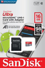 Карта памяти Sandisk 16GB Ultra Android microSDHC + SD адаптер + Memory Zone App 98MB/s A1 Class 10 UHS-I цена и информация | Карты памяти для телефонов | pigu.lt