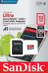 Карта памяти Sandisk 32GB Ultra Android microSDHC + SD Adapter + Memory Zone App 98MB/s A1 Class 10 UHS-I цена и информация | Карты памяти для телефонов | pigu.lt