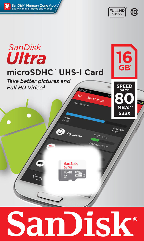 Atminties kortelė SANDISK 16GB Ultra Android microSDHC 80MB/s Class 10 kaina ir informacija | Atminties kortelės telefonams | pigu.lt