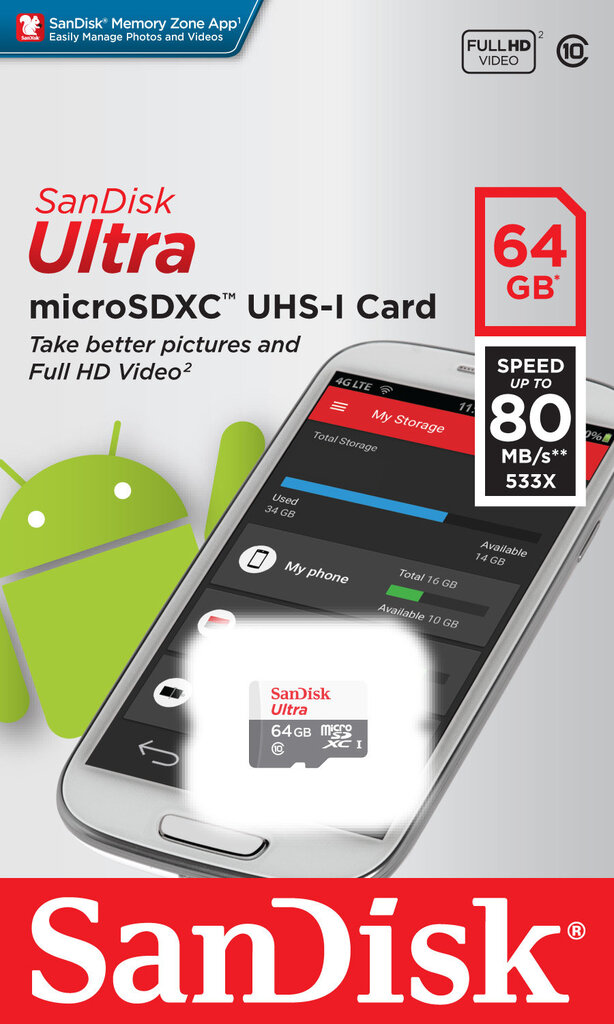 Atminties kortelė Sandisk 64GB Ultra Android microSDXC 80MB/s Class 10 цена и информация | Atminties kortelės telefonams | pigu.lt