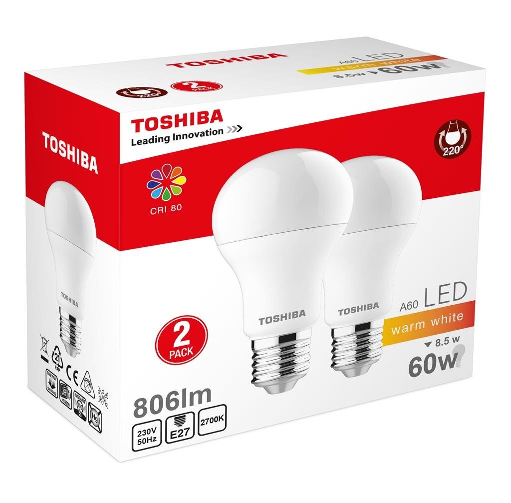 LED lemputė TOSHIBA A60 8,5W (60W) E27 2700K, 2vnt. kaina ir informacija | Elektros lemputės | pigu.lt
