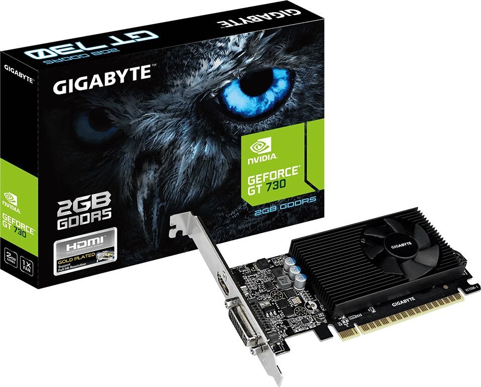 Gigabyte GeForce GT 730 2GB GDDR5 (64 bit), DVI-I, HDMI, BOX (GV-N730D5-2GL) kaina ir informacija | Vaizdo plokštės (GPU) | pigu.lt