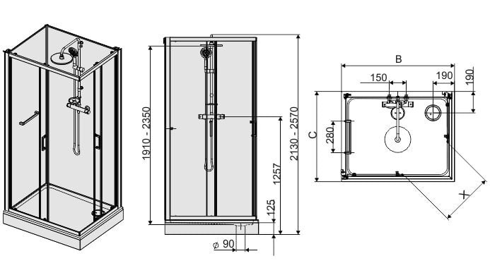 Ketursienė dušo kabina Sanplast Classic II kpl-KCKN/CLII 90-120s kaina ir informacija | Dušo kabinos | pigu.lt