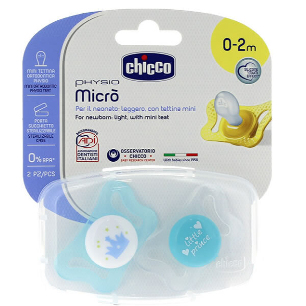 Silikoninis čiulptukas Chicco Physio Soother Boy Micro, 0 - 2 mėn., 2 vnt. цена и информация | Čiulptukai | pigu.lt