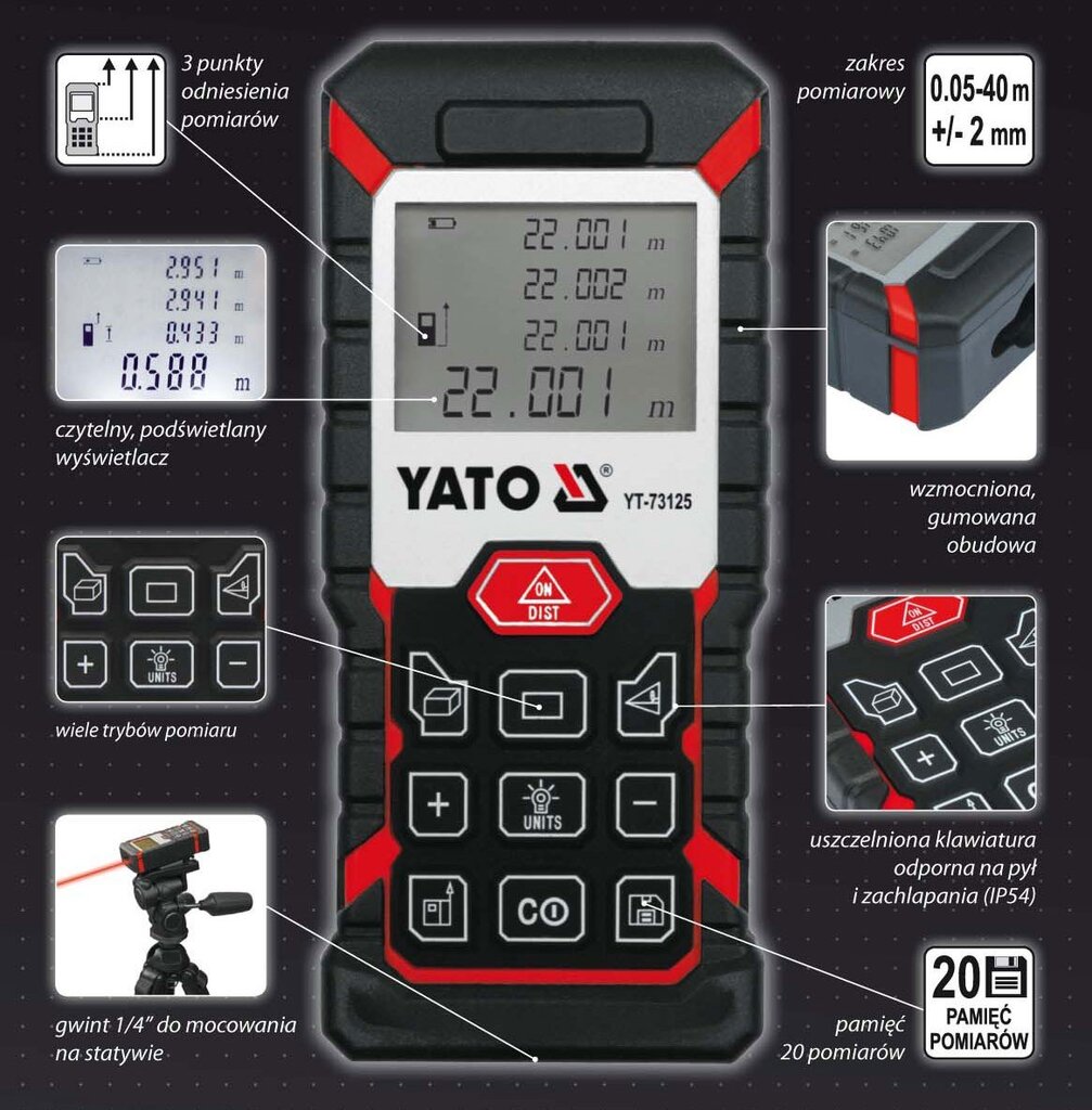 Lazerinis atstumo matuoklis Yato, 40 m цена и информация | Mechaniniai įrankiai | pigu.lt