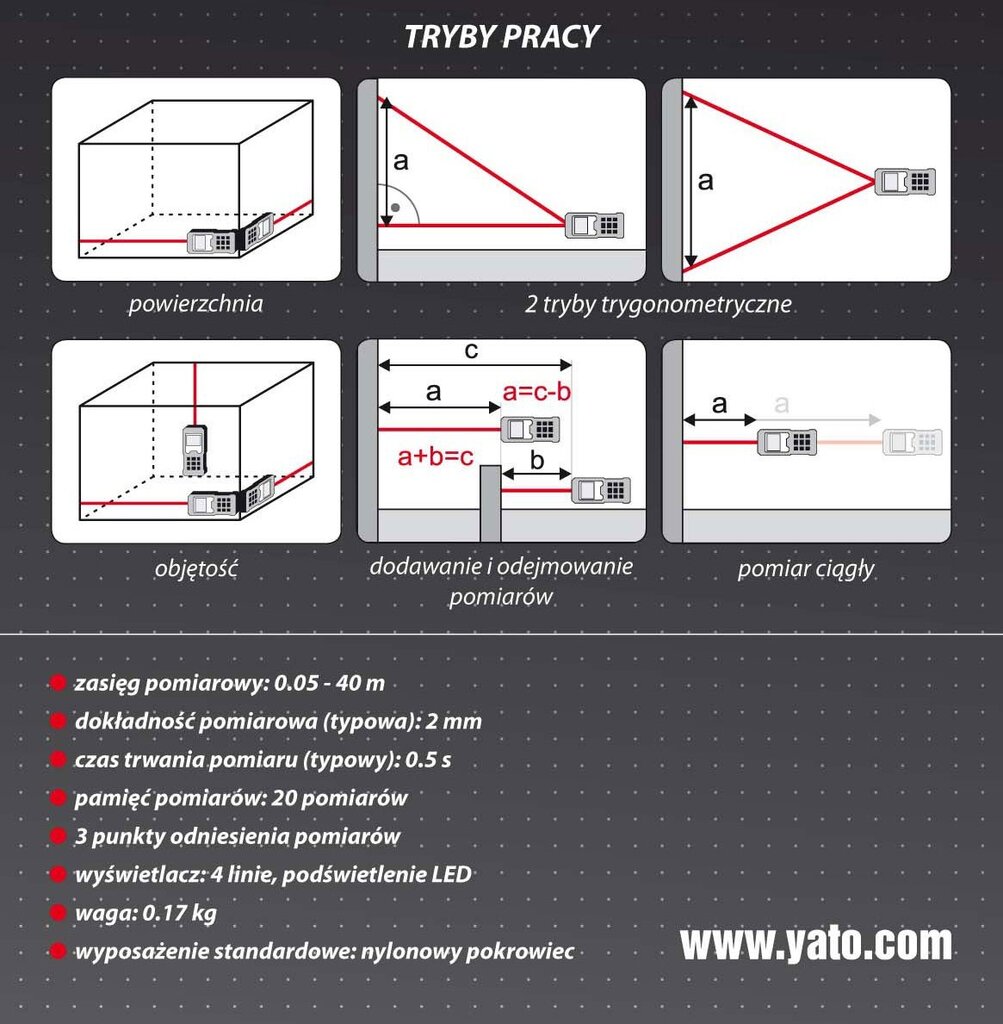 Lazerinis atstumo matuoklis Yato, 40 m цена и информация | Mechaniniai įrankiai | pigu.lt