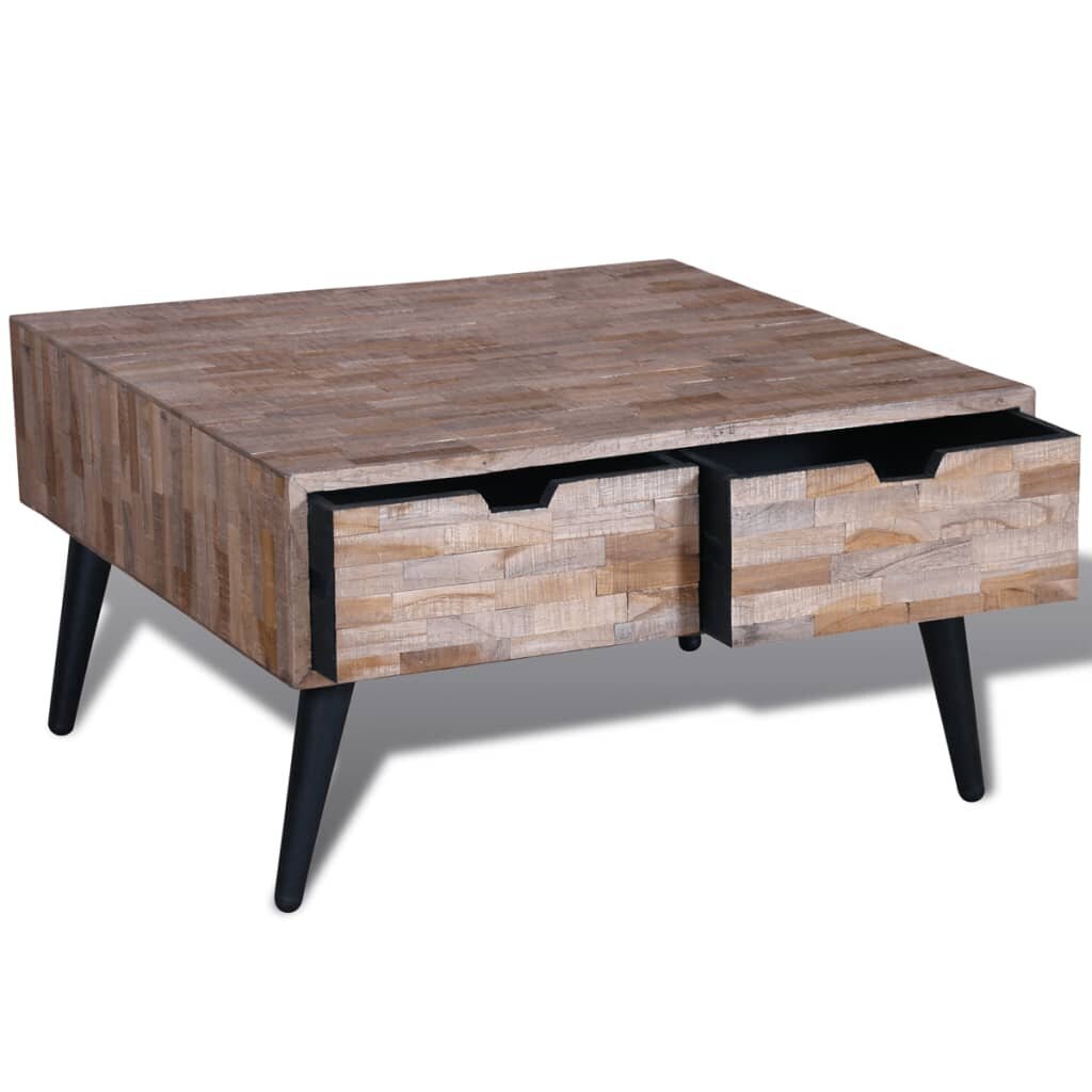 Kavos staliukas su 4 stalčiais iš perdirbtos tikmedžio medienos kaina ir informacija | Kavos staliukai | pigu.lt