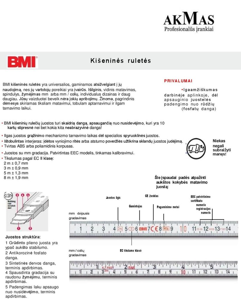 Ruletė BMI Vario, 1 tiklsumo klasė (5 m) kaina ir informacija | Mechaniniai įrankiai | pigu.lt