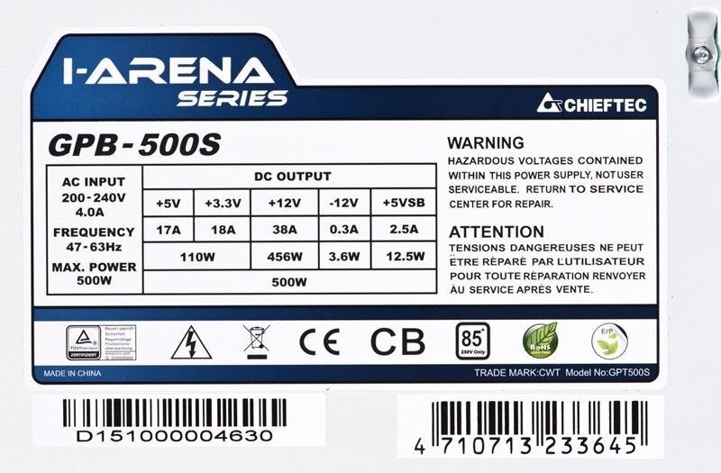 Chieftec Iarena Series 500W GPB-500S цена и информация | Maitinimo šaltiniai (PSU) | pigu.lt