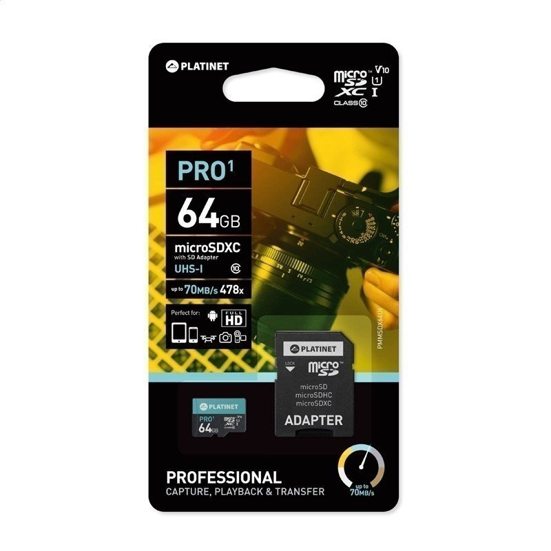 Platinet MicroSDHC 64GB Class 10/UHS 1 PRO + Adapter SD kaina ir informacija | Atminties kortelės telefonams | pigu.lt