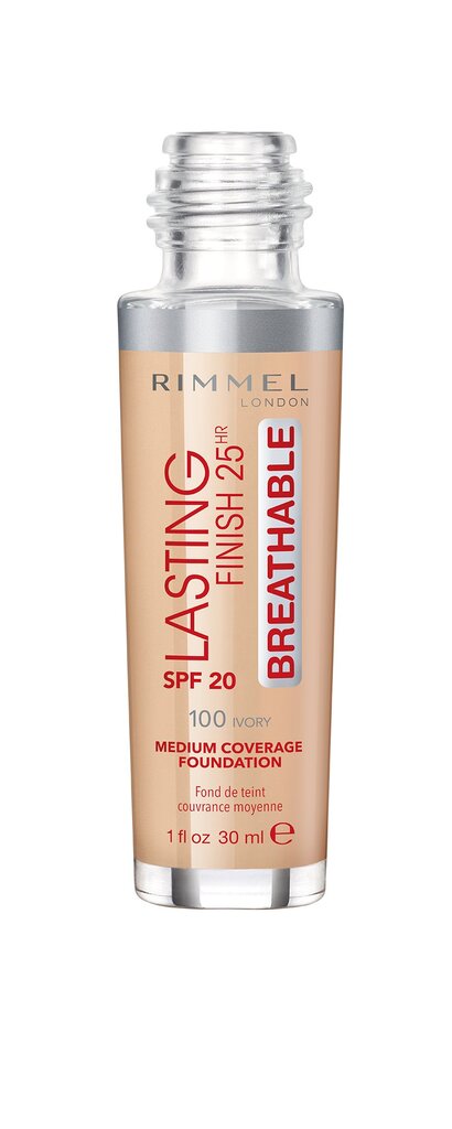 Ilgalaikis makiažo pagrindas Rimmel 25HR Breathable SPF20 30 ml, 100 Ivory kaina ir informacija | Makiažo pagrindai, pudros | pigu.lt