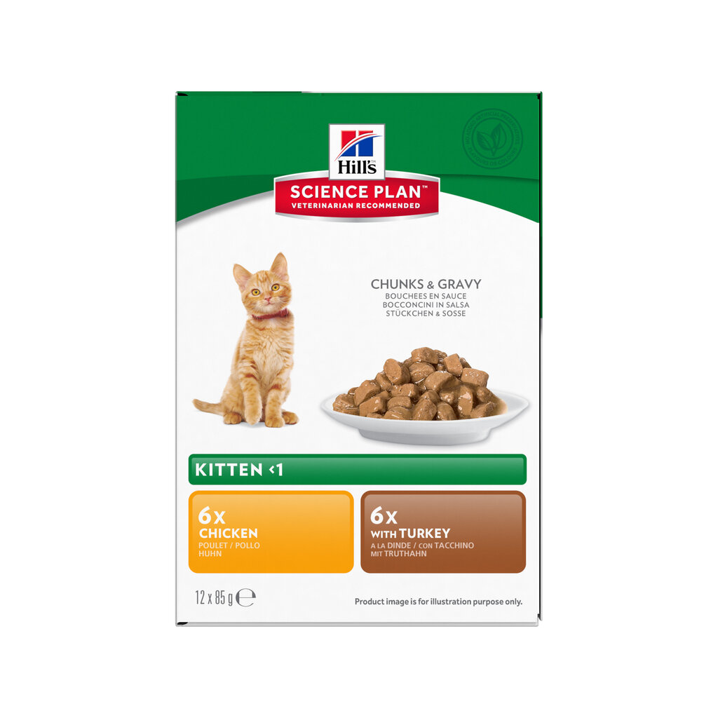 Hill's Science kačiukams su vištiena ir kalakutiena Plan Kitten Healthy Development Multi Pack, 85 g x 12 vnt. kaina ir informacija | Konservai katėms | pigu.lt