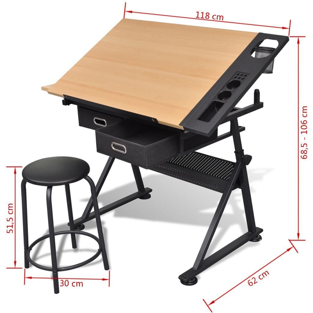 Braižymo stalas su dviem stalčiais, pakeliamu stalviršiu ir kėdute kaina ir informacija | Kompiuteriniai, rašomieji stalai | pigu.lt