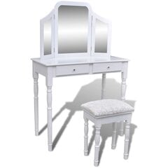 Косметический стол с зеркалом и стулом, белый, 2 ящика цена и информация | Туалетные столики | pigu.lt