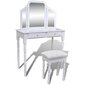Kosmetinis staliukas su veidrodžiu ir kėdute, baltas, 2 stalčiai kaina ir informacija | Kosmetiniai staliukai | pigu.lt