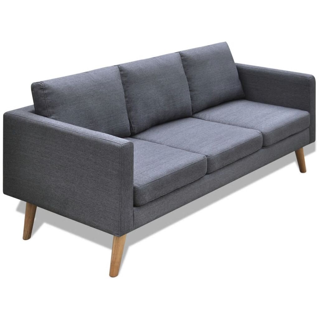 Tamsiai pilka trivietė audiniu aptraukta sofa