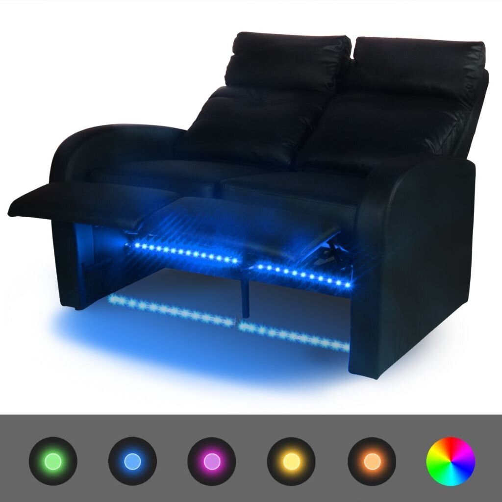 Dvivietis krėslas reglaineris su LED, dirbtinė oda, juodas kaina ir informacija | Sofos | pigu.lt