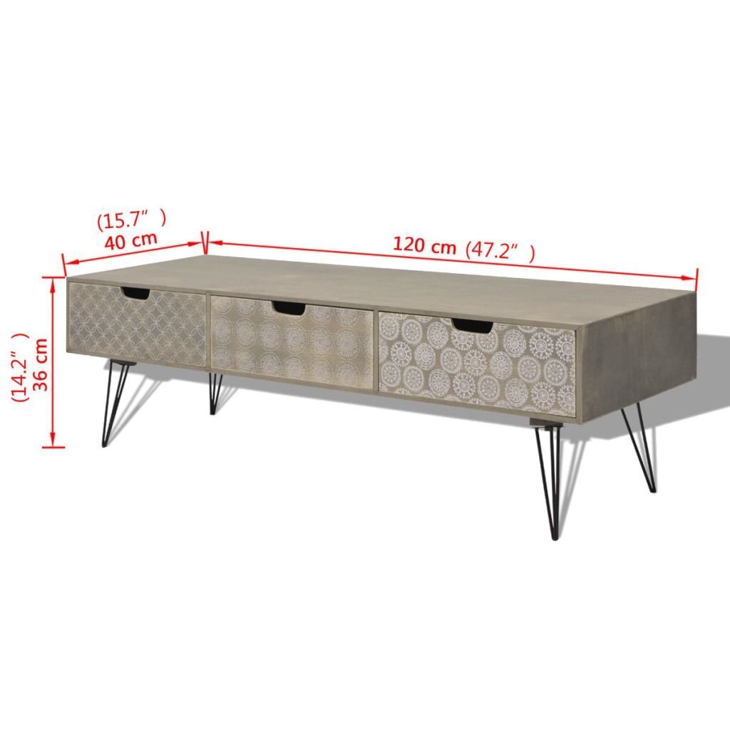 TV staliukas su 3 stalčiais, 120x40x36 cm, pilkas kaina ir informacija | TV staliukai | pigu.lt