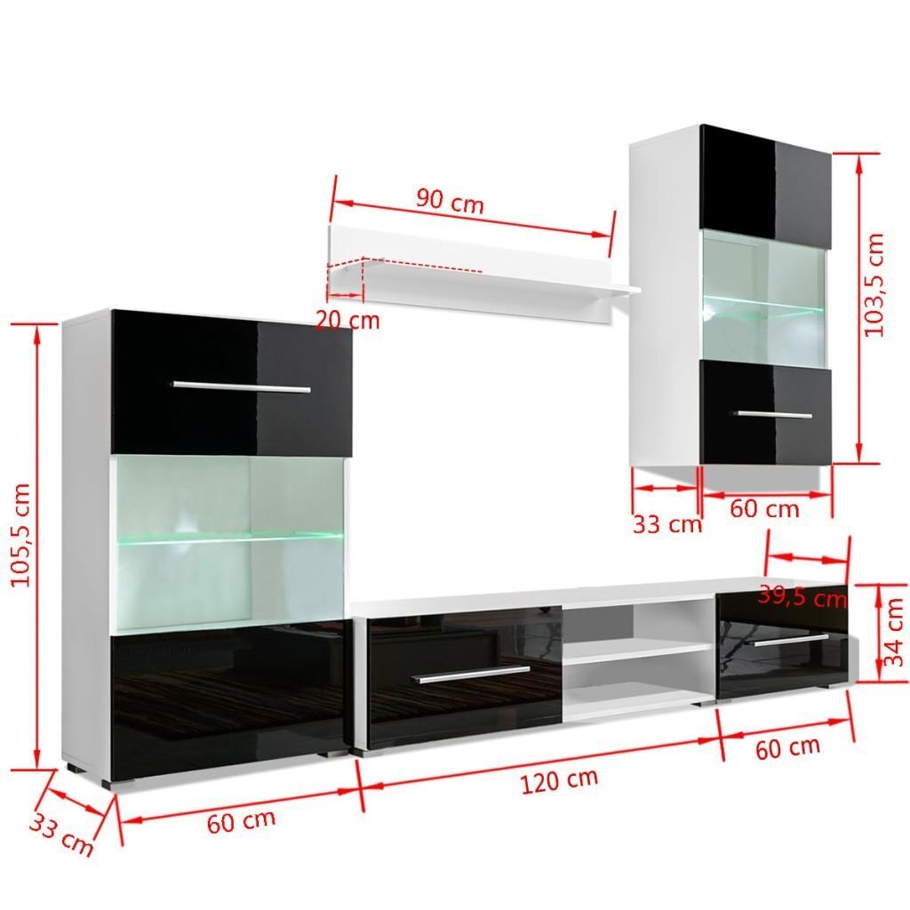 5 d. sieninė televizoriaus spintelė su LED apšvietimu, juoda kaina ir informacija | Sekcijos | pigu.lt
